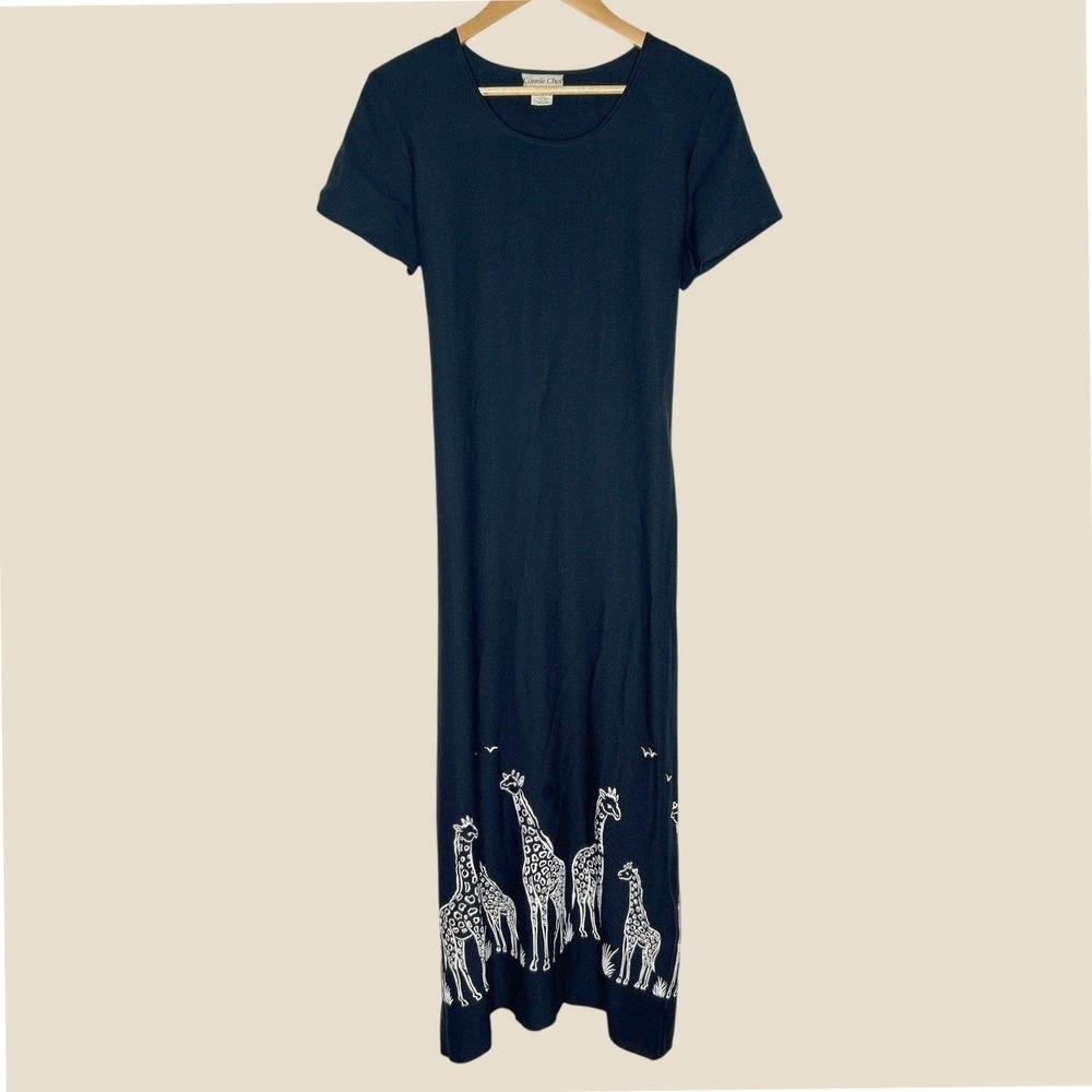 Vintage 90s Connie Choi Giraffe Novelty Print Maxi Dress M Black Safari USA Made